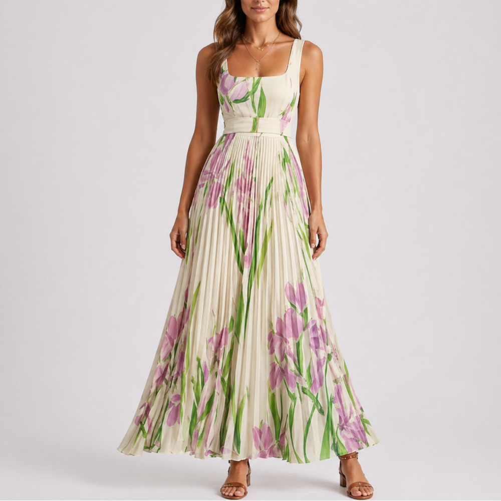 Women’s Pleated Floral Maxi Dress with Garden Print