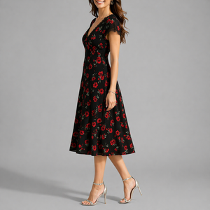 Women’s Black Floral Midi Dress with V-Neck