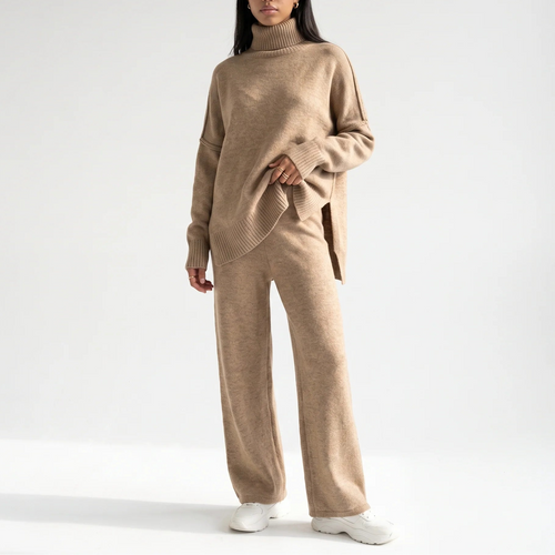 Women’s Knitted Lounge Set – Turtleneck Jumper & Wide-Leg Trousers
