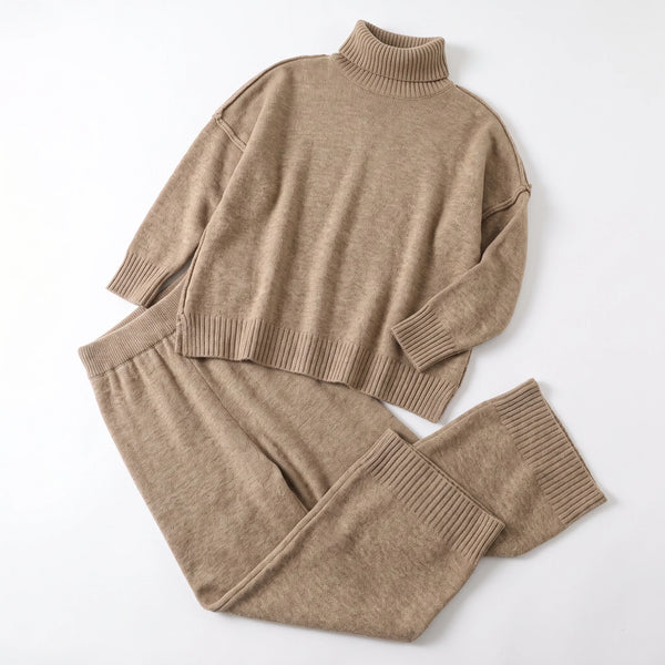 Women’s Knitted Lounge Set – Turtleneck Jumper & Wide-Leg Trousers