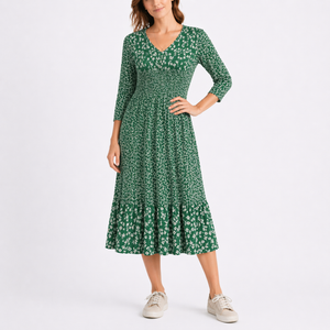 Women’s Floral Midi Dress with V-Neck and Smocked Waist