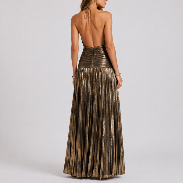 Women’s Metallic Pleated Maxi Dress – Halter Neck Evening Gown With High Slit