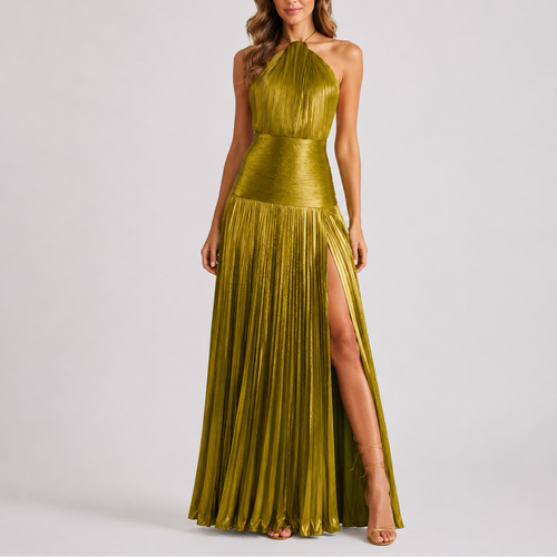 Women’s Metallic Pleated Maxi Dress – Halter Neck Evening Gown With High Slit