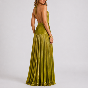 Women’s Metallic Pleated Maxi Dress – Halter Neck Evening Gown With High Slit