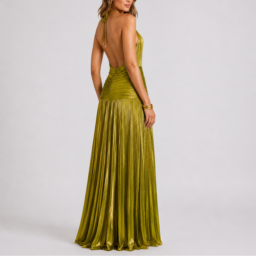 Women’s Metallic Pleated Maxi Dress – Halter Neck Evening Gown With High Slit