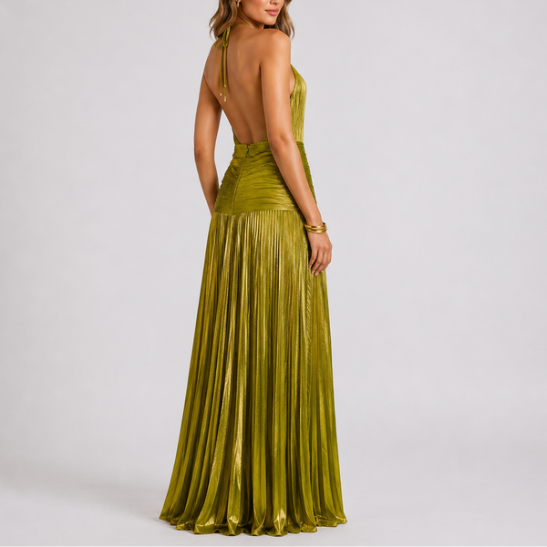 Women’s Metallic Pleated Maxi Dress – Halter Neck Evening Gown With High Slit