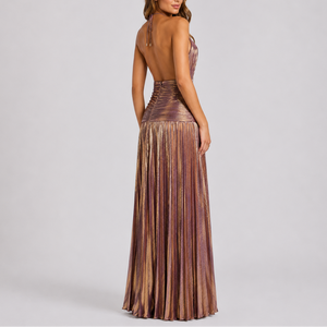 Women’s Metallic Pleated Maxi Dress – Halter Neck Evening Gown With High Slit