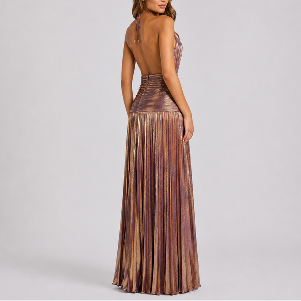 Women’s Metallic Pleated Maxi Dress – Halter Neck Evening Gown With High Slit
