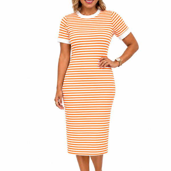 Women’s Black and White Striped Midi T-Shirt Dress