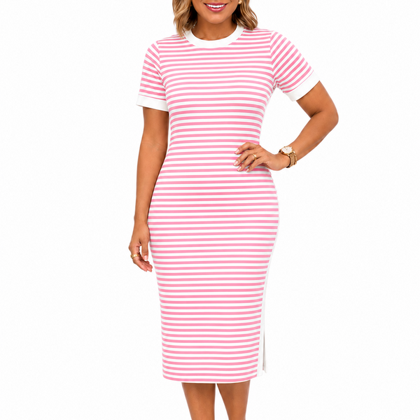Women’s Black and White Striped Midi T-Shirt Dress