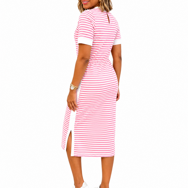 Women’s Black and White Striped Midi T-Shirt Dress