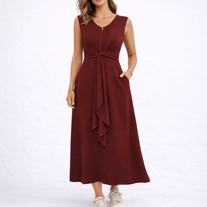 Elegant Sleeveless Midi Dress with Waist Tie Detail