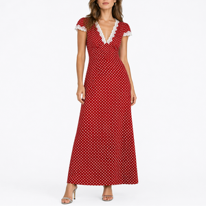 Women’s Summer Polka Dot Midi Dress with Lace Trim V-Neck