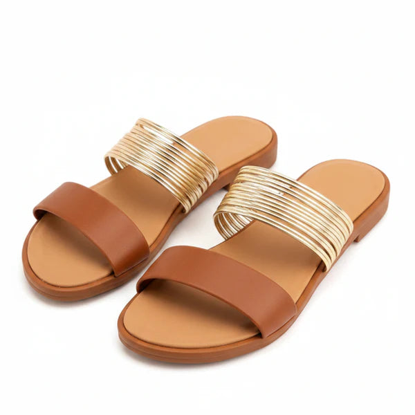 Women’s Flat Slide Sandals with Multi Strap Metallic Design