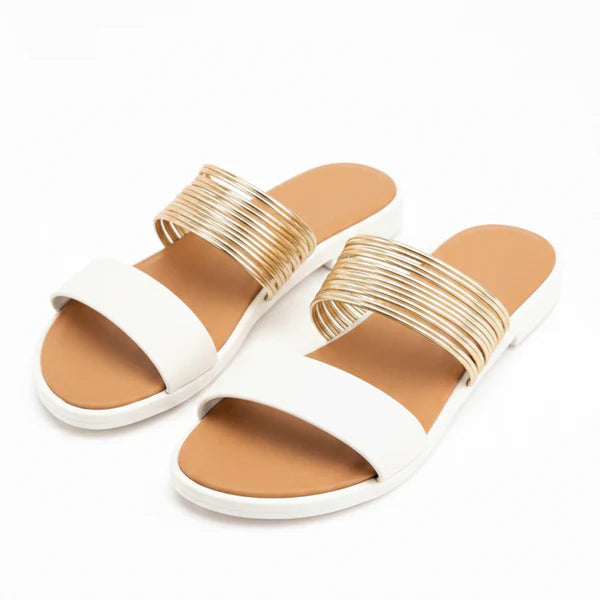 Women’s Flat Slide Sandals with Multi Strap Metallic Design