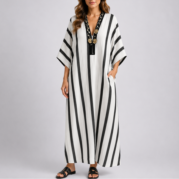 Elegant Mediterranean Striped Long Kaftan Dress