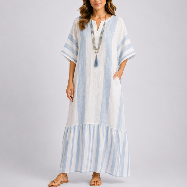 Elegant Mediterranean Striped Long Kaftan Dress