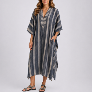 Elegant Mediterranean Striped Long Kaftan Dress