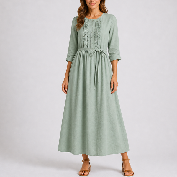 Women’s Summer Midi Dress with Tie Waist and Button Detail