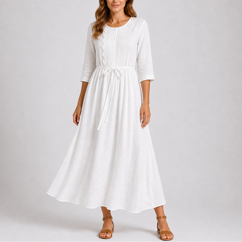 Women’s Summer Midi Dress with Tie Waist and Button Detail