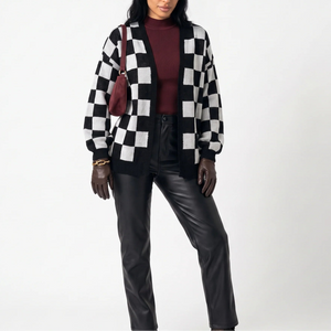 Women’s Checkerboard Knit Cardigan – Relaxed Fit Casual Sweater Jacket