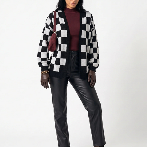 Women’s Checkerboard Knit Cardigan – Relaxed Fit Casual Sweater Jacket