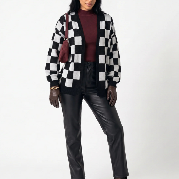 Women’s Checkerboard Knit Cardigan – Relaxed Fit Casual Sweater Jacket