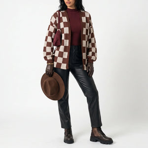 Women’s Checkerboard Knit Cardigan – Relaxed Fit Casual Sweater Jacket