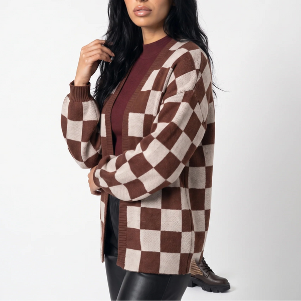 Women’s Checkerboard Knit Cardigan – Relaxed Fit Casual Sweater Jacket