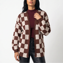 Women’s Checkerboard Knit Cardigan – Relaxed Fit Casual Sweater Jacket