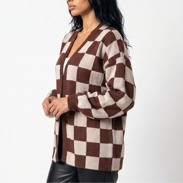Women’s Checkerboard Knit Cardigan – Relaxed Fit Casual Sweater Jacket