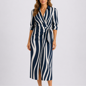 Women’s Casual Elegant Midi Dress – V-Neck Tie Waist Wrap Dress