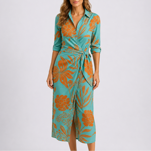 Women’s Casual Elegant Midi Dress – V-Neck Tie Waist Wrap Dress